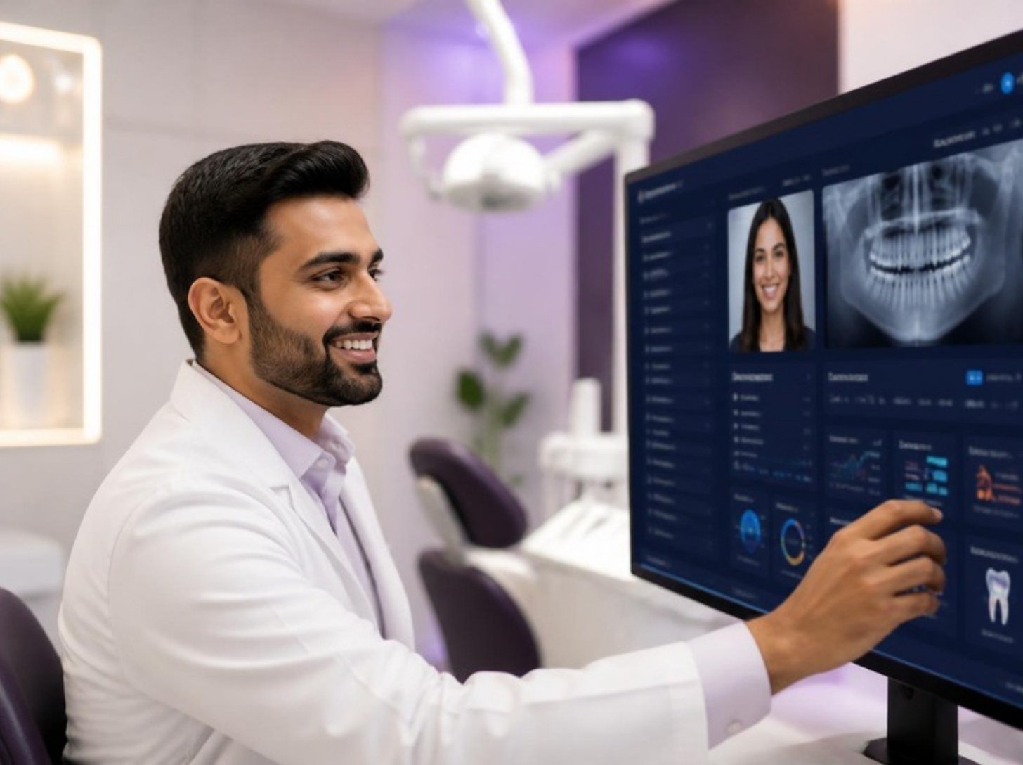 Dentist reviewing patient records on an AI clinic dashboard