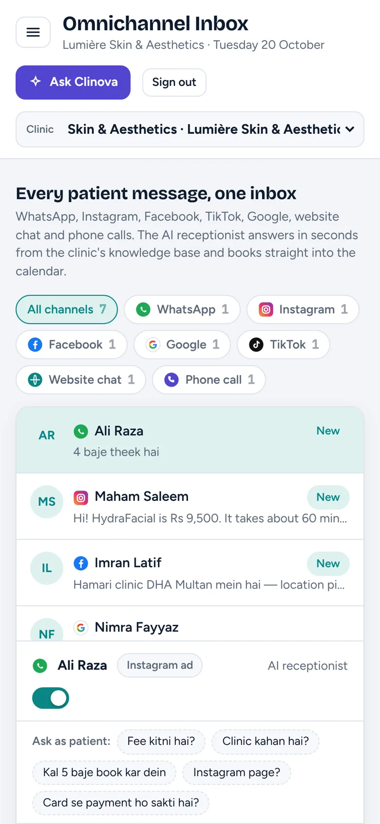 Clinova inbox on a phone